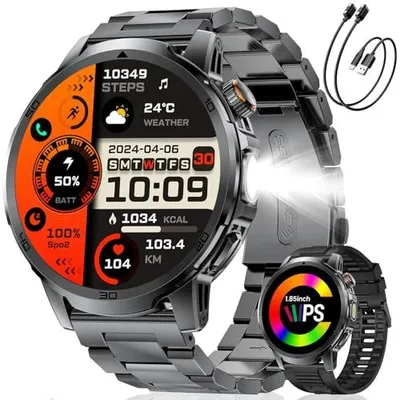 Produktbild von Smartwatch Herren mit Anrufe, 1000mAh Akku/LED Taschenlampe, 1,85'' HD Großer Display Fitnessuhr, 100+ Sportmodis, IP68 Wasserdicht, Herzfrequenz, Schlafmonitor für Android iOS