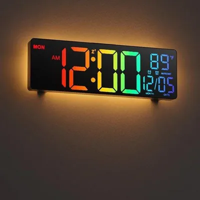 Obrázek produktu pro Velké digitální nástěnné hodiny, 11 palců, dálkové ovládání, dvojitý budík, 8 barev RGB, velký LED displej, automatické nastavení jasu, datum, automatický přechod na letní čas, teplota