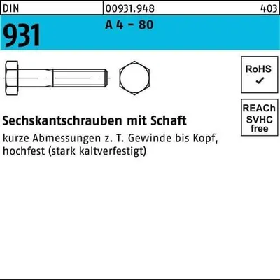 Produktbild von Reyher  Sechskantschrauben DIN 931 A 4-80 M 10x55 A 4-80 (50 Stück)
