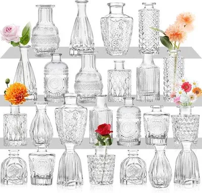 Produktbild von Famanu Gläserne Blumenvasen Set von 24 Stück - Transparent, kleine Vasen für Tischdekoration