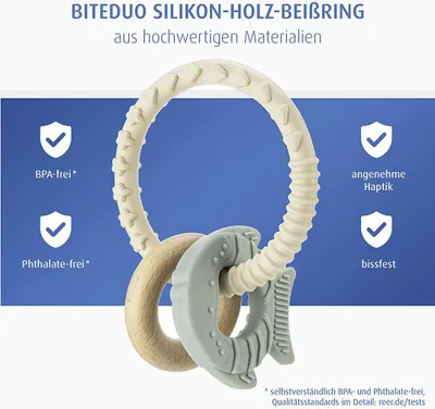 Immagine prodotto di Anello per dentizione in legno Reer in silicone BiteDuo supportato
