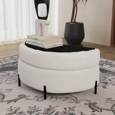 Produktbild von MODFU Halbmond Ablagehocker mit Tablett und Stauraum dient als Beistelltisch Schuhhocker und Fußstütze für Wohnzimmer und Eingang Elfenbein