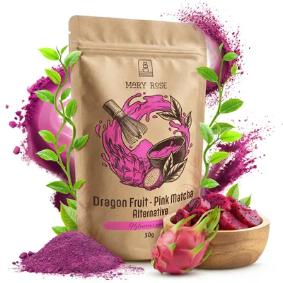 Produktbild von Mary Rose - Pink Matcha Tee Drachenfrucht Pulver 50g - Gefriergetrocknete Pitaya - Superfood für Latte - Lebensmittelfarbstoff - Reich an Vitamin C