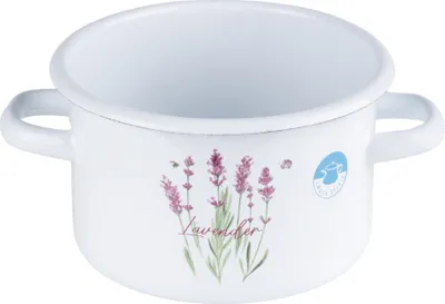 A white enamel pot decorated with lavender flowers and the word "lavender".