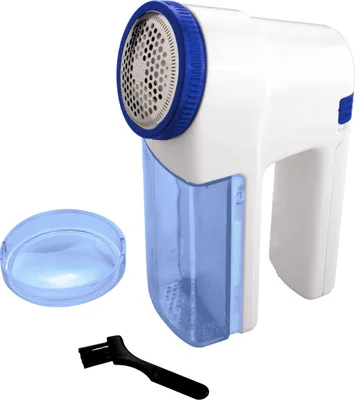 A lint remover and its accessories are displayed against a white background.