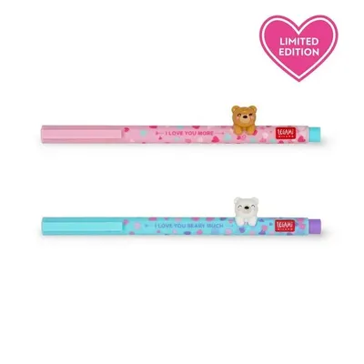 Two gel pens with bear toppers are displayed against a white background. A pink heart shape with "LIMITED EDITION" text is in the upper right corner.