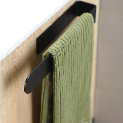 Image de Porte-serviettes sans perçage, barre de 30 cm, acier inoxydable noir, porte-serviettes pour invités, porte-serviettes adhésif pour la salle de bains et la cuisine