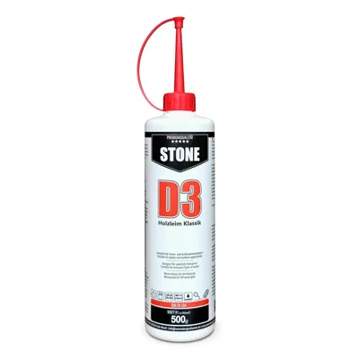 Produktbild von STONE D3 Holzleim Klassik 500 ml Flasche – Dispersions Holzleim D3 wasserfest für Möbelbau, Fugen, Korpus, Holzwerkstoffe & Feuchtraumverklebungen