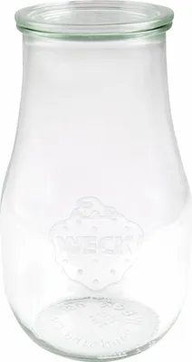 A clear glass jar with a wide mouth and a subtle embossed logo.