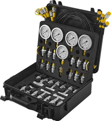 Image de SucceBuy Kit de test de pression hydraulique, 10/100/250/400/600 bar, 5 jauges, 13 raccords, 14 tés, 5 tuyaux de test, kit de jauge pour pelleteuse avec sac de transport pour tracteurs et machines
