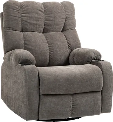 A gray recliner chair with cup holders on the armrests, shown against a white background.