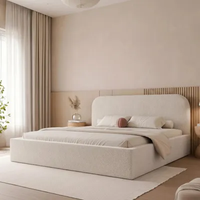 Produktbild von Polsterbett FUZZI 200x200 Kaltbeige Boucle mit Bettkasten & Lattenrost