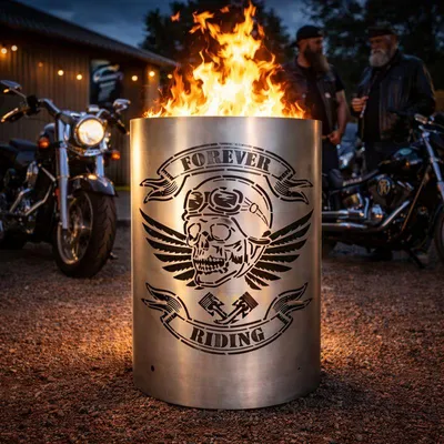 Produktbild von Feuertonne / Feuerkorb „Forever Riding“ – Biker Motiv mit Totenkopf – Robuste Stahl Feuertonne für Garten & Terrasse