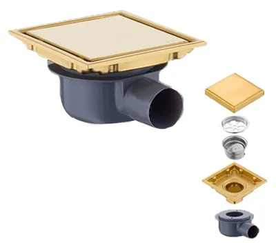 Duschablauf 15x15 cm goldfarben mit 360°-Siphon und Haarsieb