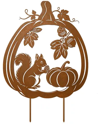 Herbst-Gartenstecker Rost-Pumpkin mit Eichhörnchen, Metall