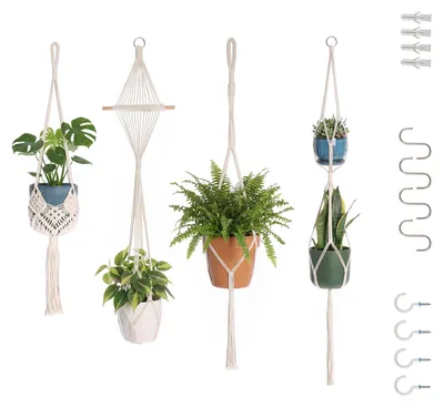 Produktbild von REMZETTA Makramee Blumenampel Hängend Innen, 4er Set Boho Deko Makramee Hängeampel Baumwollseil Blumentopf Hängend mit Haken Hängepflanzen Topf für Balkon Garten Fenster Deko