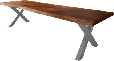 Produktbild von Esstisch Baumkante massiv Akazie nussbaumfarben 350 x 120 X-Gestell Metall silber TITAN