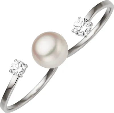 Produktbild von Gr. 54 Damen Zweifinger Ring 333 Gold Weißgold 1 Süßwasser Perle 2 Zirkonia Perlenring