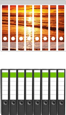Produktbild von Wallario 8 Stück schmale Ordner inkl. Klebeetiketten mit Motive Farbenfroher Sonnenuntergang über dem Meer II -  Set mit Rückenschildern / Ordnerrücken Stickern