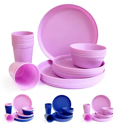 Image de Omgoods - Ensemble de vaisselle en plastique composé de 16 pièces - Assiettes, tasses et bols réutilisables de couleur violette