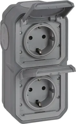 Produktbild von Legrand Plexo NEW APWG 069744L Schuko Steckdose IP44 grau 2fach senkr