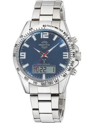 A close-up studio shot of a men's wristwatch with a blue dial and silver metal band.