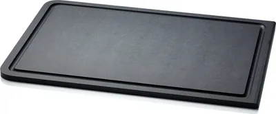 A black cutting board with a raised edge and a groove around the perimeter, shown from a slightly elevated angle on a white background.