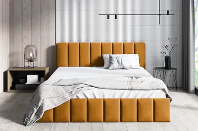 Zdjęcie produktu dla BETTSO Łóżko tapicerowane z eleganckim wzorem w pasy NINA 160 x 200 cm Żółte Miodowe
