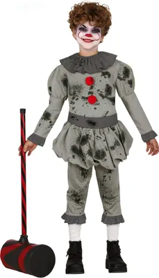 Produktbild von Clown Grusel Spezial Fasching Halloween Kinder Kostüm Outfit Rüschen Rot Schwarz Grau Gruselige Zirkus Spielfigur Set Verkleidung, Größe: 140/146 Farbe: Grau