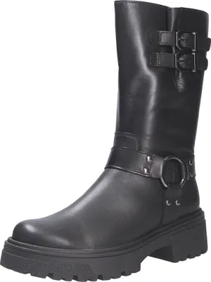 A black leather boot with buckles and a thick sole, presented on a white background.