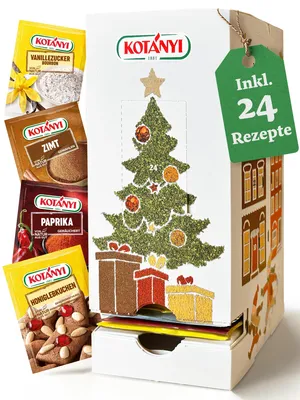 Produktbild von KOTÁNYI Adventskalender 2024-24 Festliche Gewürze & Rezeptideen - Gewürzpackungen in Orginalgröße und Markenqualität - Lebkuchengewürz, Punsch & mehr [Jetzt Weihnachtskalender kaufen!]