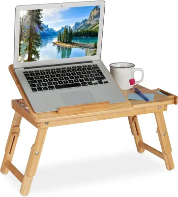 Image de Tablette d'ordinateur portable - Table de lit pliante en bambou - Hauteur réglable et inclinable - Avec orifices de ventilation et tiroir - Naturel