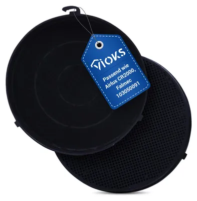 Two charcoal filters for a range hood are shown, one on top of the other, with a product tag attached to the top filter.