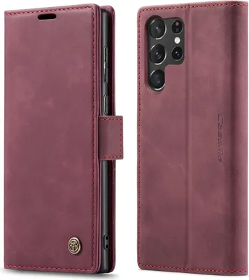A burgundy leather flip case for a smartphone is shown from two angles.