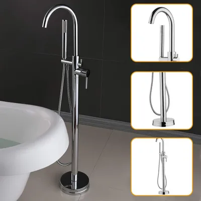 Produktbild von Duschset Standarmatur Silber Freistehende Badewanne Bodenstehender Wasserhahn Wannenmischbatterie Badewanne Badarmatur Handbrause für Hotel Haushalt Bad