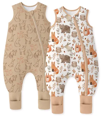 Productafbeelding van Baby slaapzak met voetjes - Set van 2, katoenen slaapzak voor baby's, beige met bruine vosprint