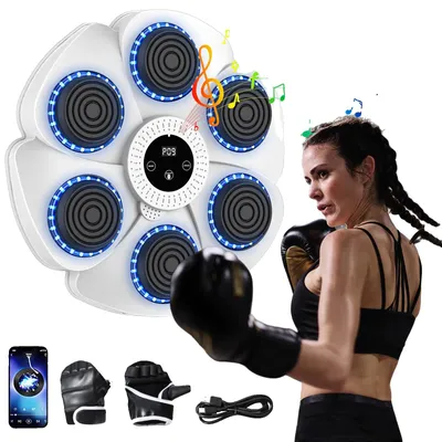 Obrázek produktu pro Boxovací trenažér s hudbou, kompatibilita s Bluetooth, RGB světelné efekty, bílé boxerské rukavice s poloprsty