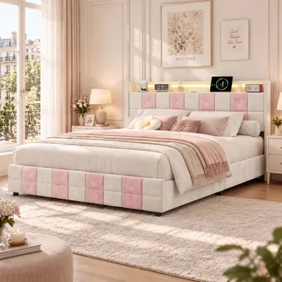 Productafbeelding van INONEFT Gestoffeerd bed 140x200 cm met LED-verlichting en USB-poorten, eenpersoonsbed voor jongeren met 4 lades en opbergruimte in het hoofdeinde, bedframe met lattenbodem, wit-roze, AI-gegenereerde afbeelding