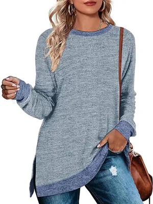Produktbild von ASKSA Damen Langarmshirt Rundhals Einfarbiges Blusen Freizeit Langarm Lose Tunika Pullover, Hellblau, 2XL