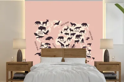 Produktbild von MuchoWow® Fototapete für Wohnzimmer oder Schlafzimmer Wandtapete Vinyl Motivtapete Weltkarte Kinder - Rosa - Tiere - 280x280 cm - Hintergrundbild