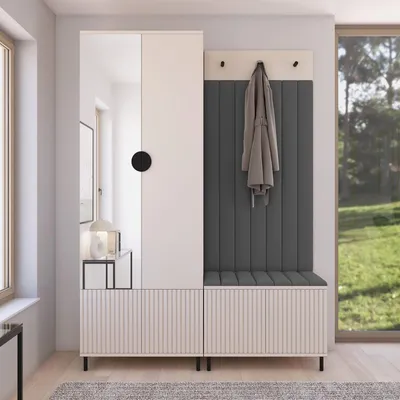 Produktbild von Garderoben-Set Ritmo Version 1 –gefräster Kleiderschrank mit Spiegel, mit hohen Füßen, gepolsterte Wandpaneele, , für den Flur (cashmere, Trinity 15)
