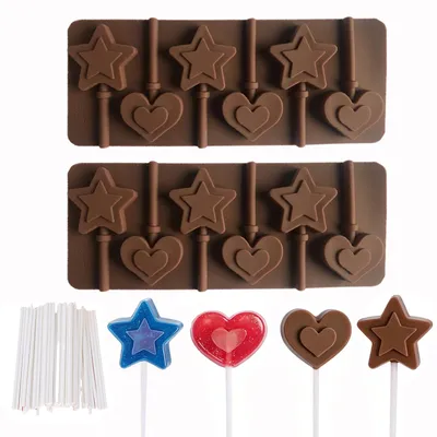2 Silikonformen Herz & Stern für Lolli, Schokolade, 100 Stiele