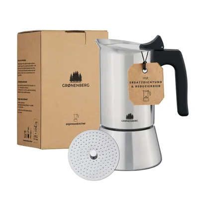 A stainless steel espresso maker and its packaging are displayed against a white background.