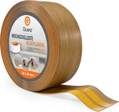 Produktbild von QUEST Weichsockelleiste Selbstklebend 50x20mm, 5m, Sockelleiste Knickleiste aus PVC Kunststoff, Flexible Fußleiste, eiche