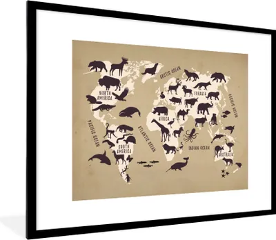Produktbild von MuchoWow® Gerahmtes Poster Weltkarte - Tiere - Braun 80x60 cm - Poster mit Schwarzem Bilderrahmen Wandposter Rahmen Foto Bilder - Schlafzimmer-Dekorationen - Fotoposter