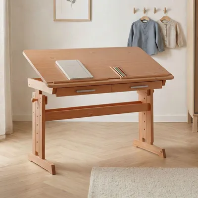 Produktbild von Kinderschreibtisch OLIVIA aus Kiefer - schöner Schülerschreibtisch neigungs- und höhenverstellbar, praktischer Jugendschreibtisch mit Schubladen