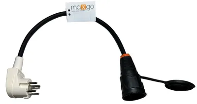 A black adapter cable with a white plug on one end and a black connector with an orange ring on the other end, against a white background.