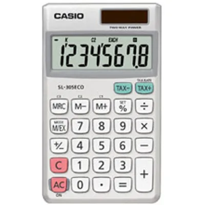 Produktbild von Casio SL-305ECO Standard-Taschenrechner - Extragroßes Display, Doppelte Stromversorgung, Key-Rollover, IndeSiftdent Speicher, Sign Change - 8 Stellen - LCD - Akku/Solar Angetrieben - 8,5 mm Höhe x 70 mm Breite x 118,5 mm Länge - Weiß - Plastik