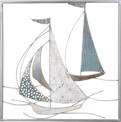 Produktbild von Metallbild 50x50cm Segelboot Wandbild Blau Grau Weiß Maritim Wanddeko Metalldeko