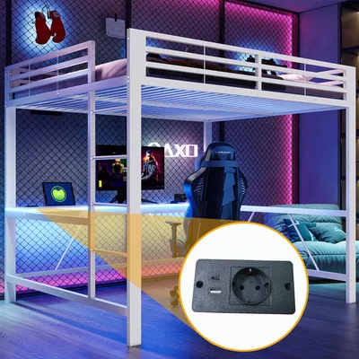 Productafbeelding van Gaming hoogslaper 160x200, metaal, met LED-verlichting, USB-poorten, bureau, veelzijdig (wit)
